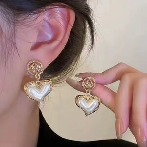 Gold and Pearl Heart Drop Earrings